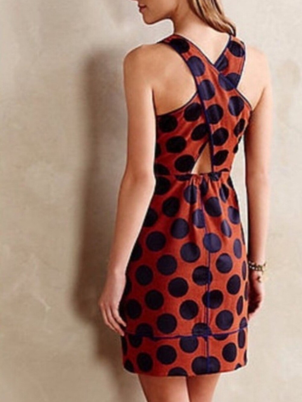 Maeve Rust Mini Dress with Blue Polka Dots Sz.2